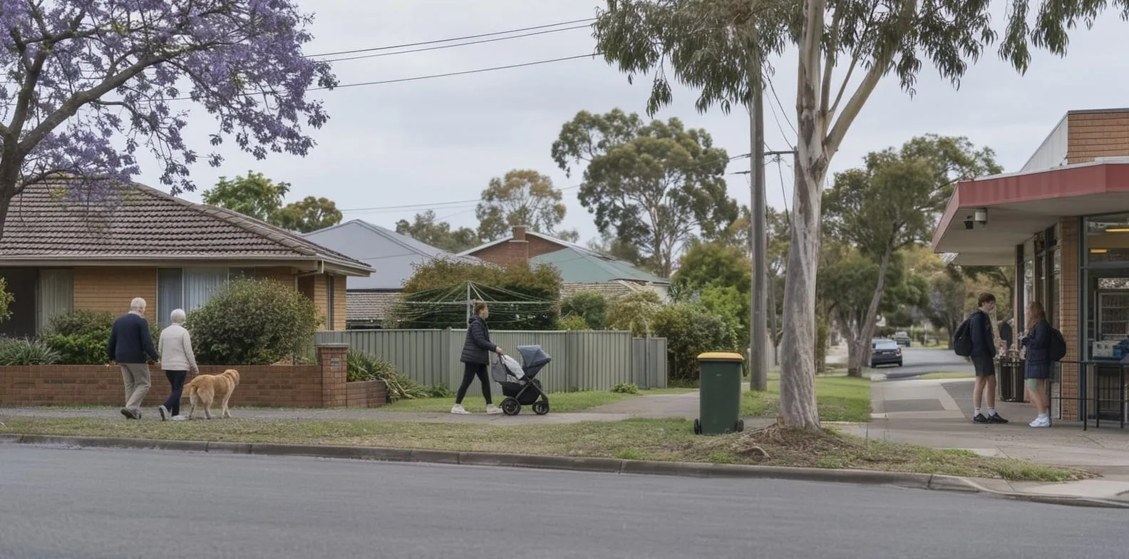An older couple walking a dog, a woman pushing a pram and two teenagers talking outside a corner shop on a suburban street.