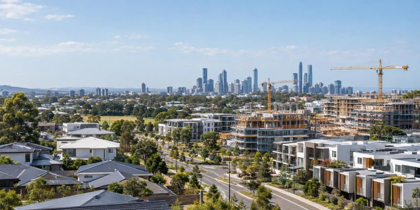 Australian city with new housing developments and construction extending toward the skyline.