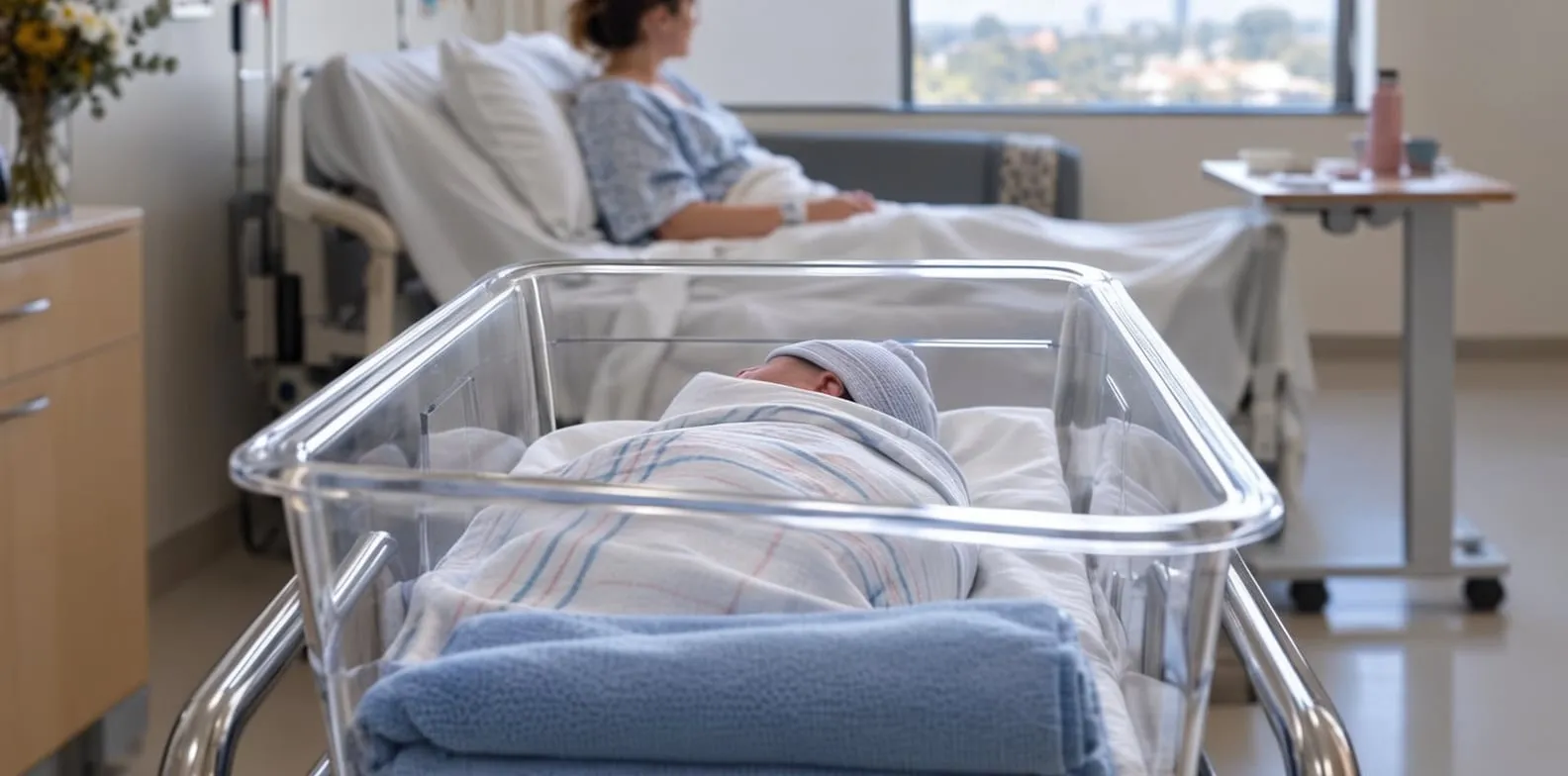A swaddled newborn sleeps in a clear hospital cot with a woman resting in a bed in the background.