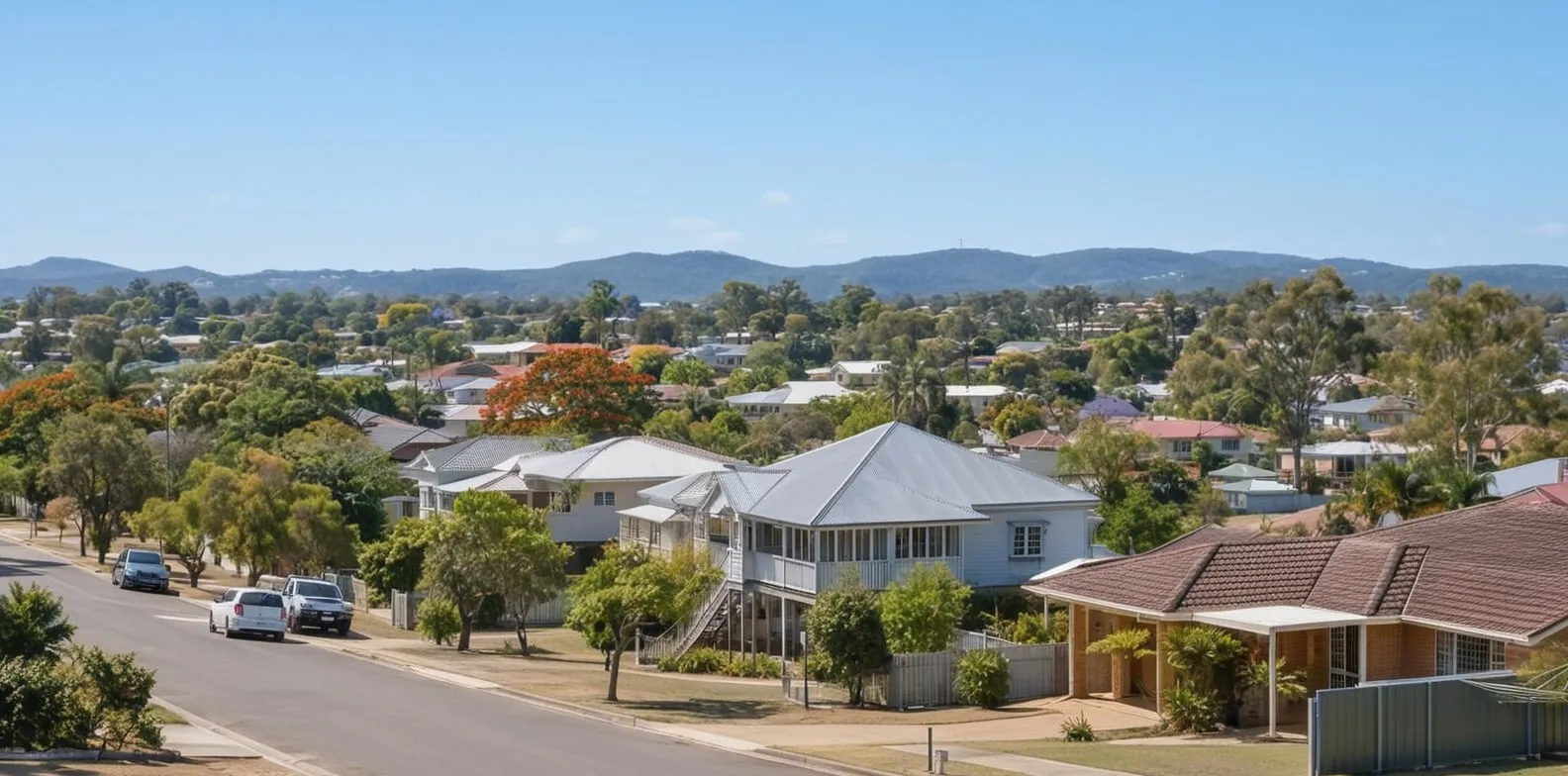 A wide suburban street in Brisbane with houses, yards and distant hills under a clear blue sky.
