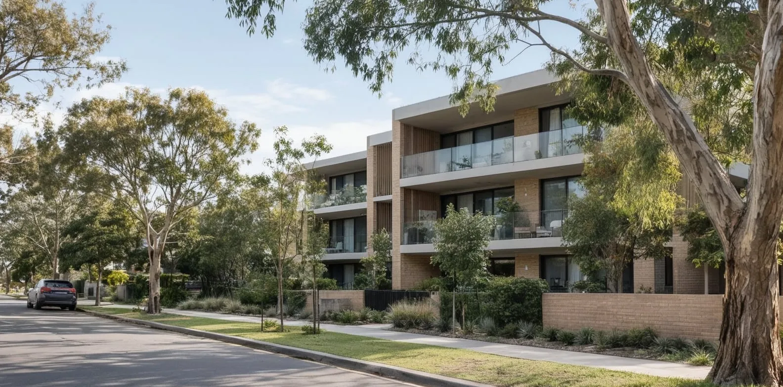 A modern apartment building with balconies stands behind trees along a quiet suburban street.