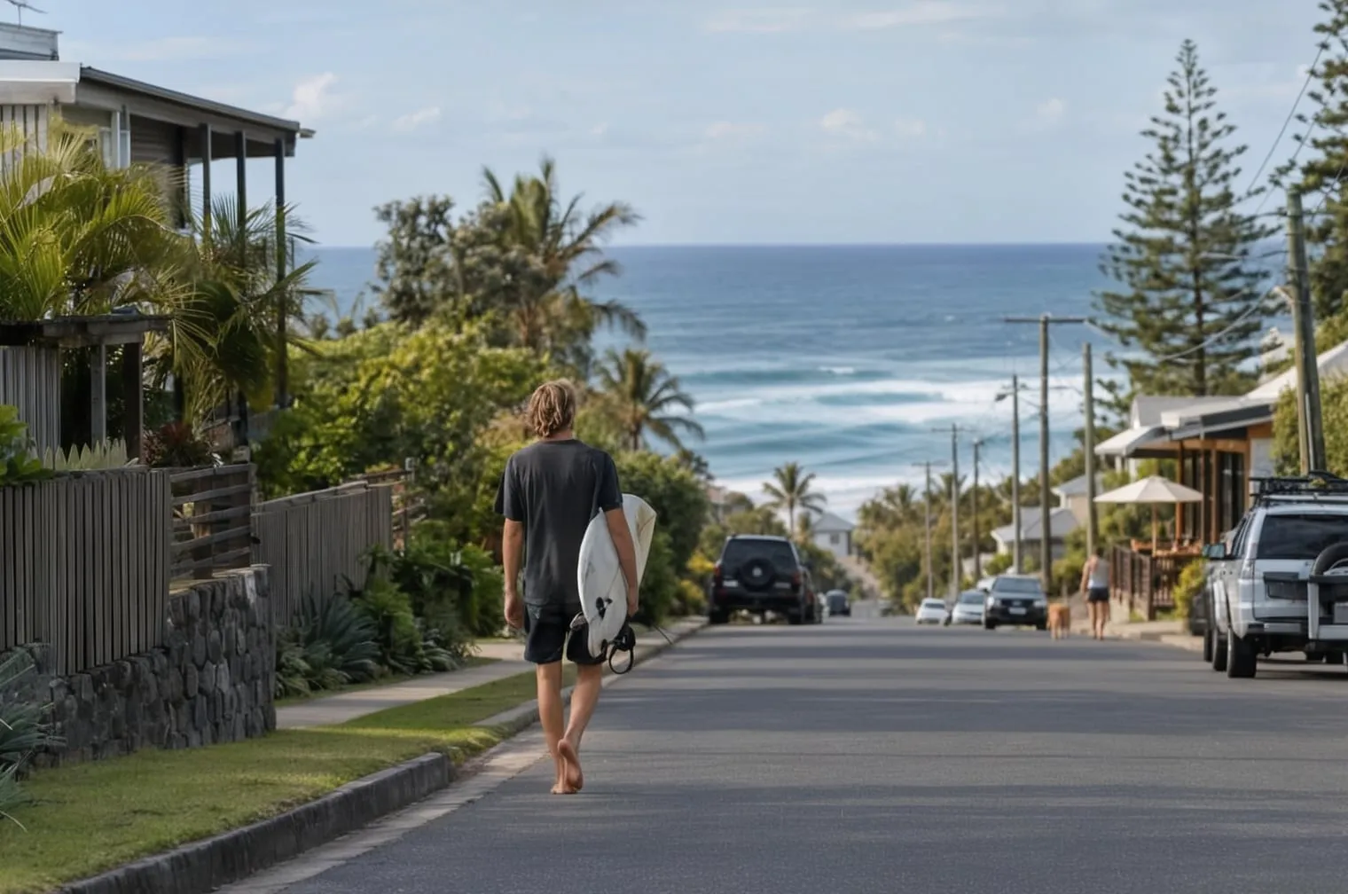 A barefoot surfer walks down a tree-lined street toward the ocean carrying a surfboard under his arm.