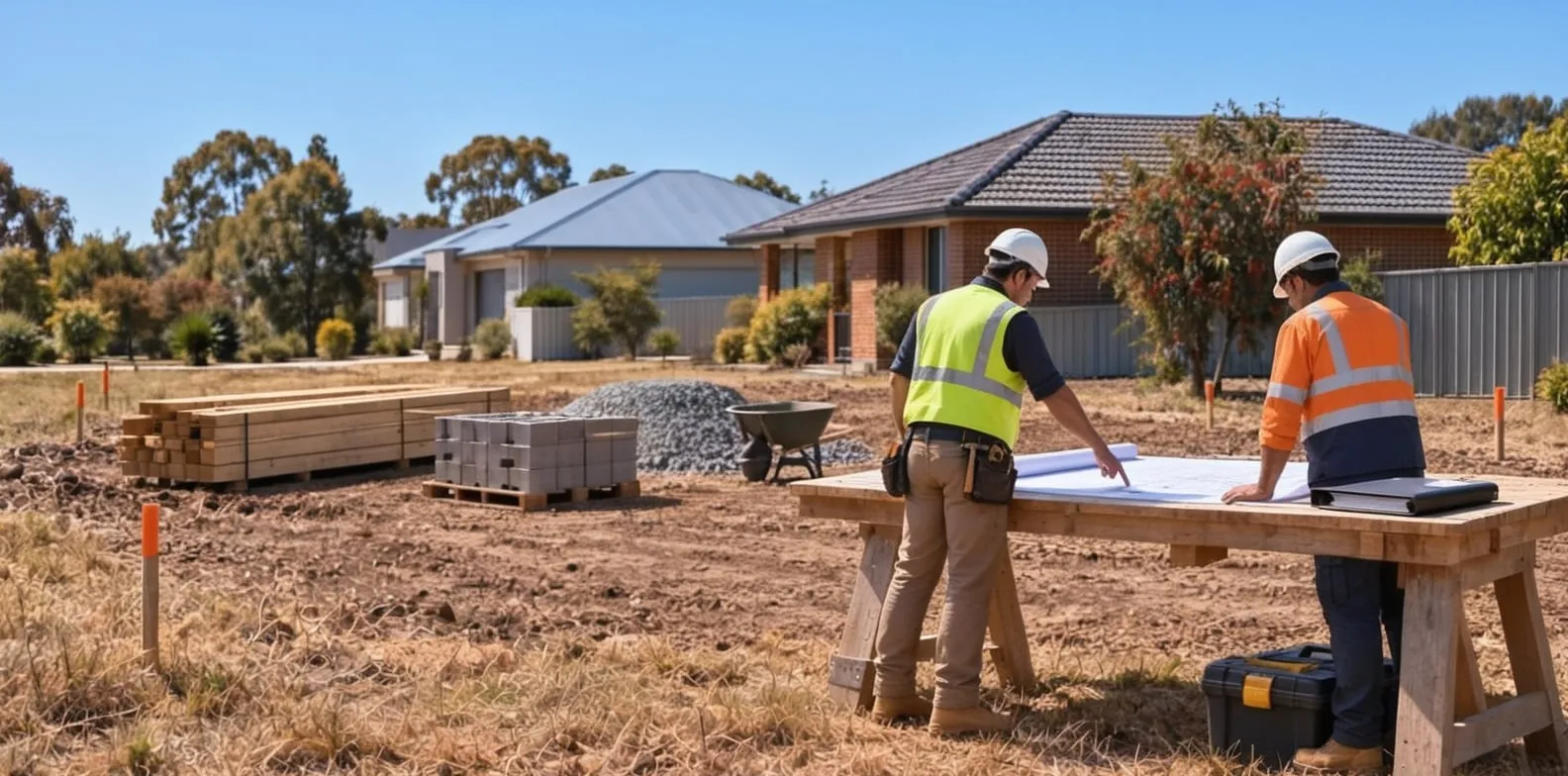 Two builders in high-visibility vests and hard hats studying plans on a temporary table at a residential construction site