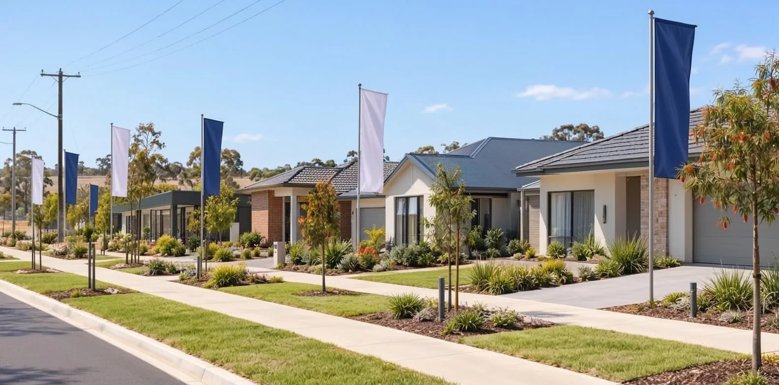 A row of single-storey display homes with tall blue and white flags and a nearby site office along a landscaped footpath.