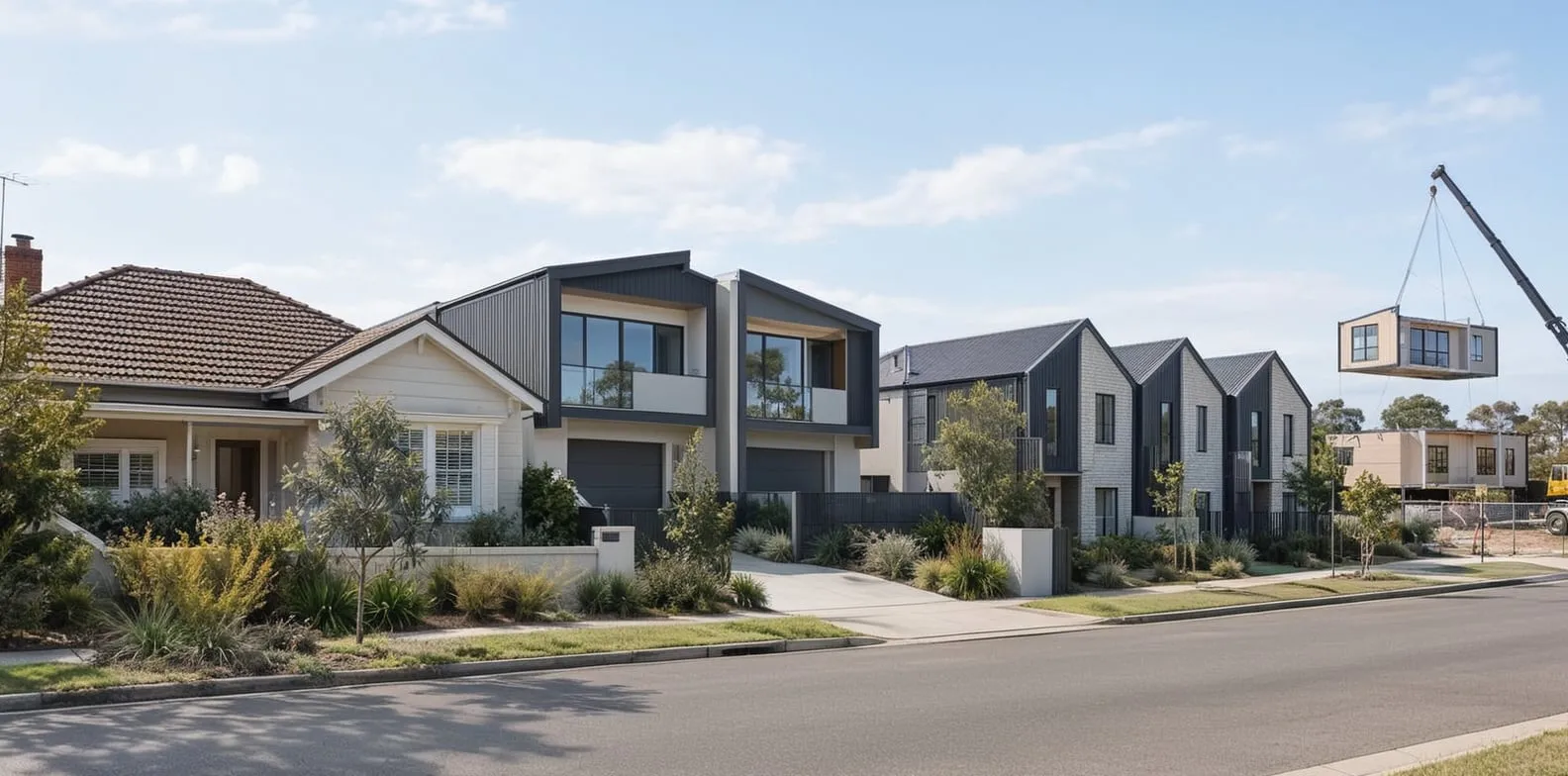 Detached house, duplexes and townhouses with a modular home under construction