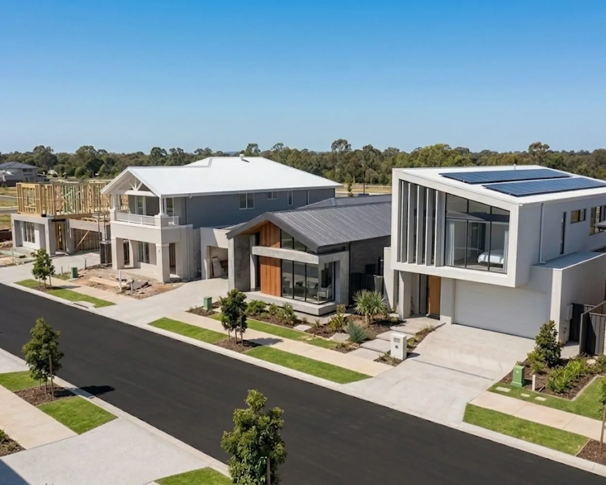 A new estate street: finished modern homes beside a house still in timber frame