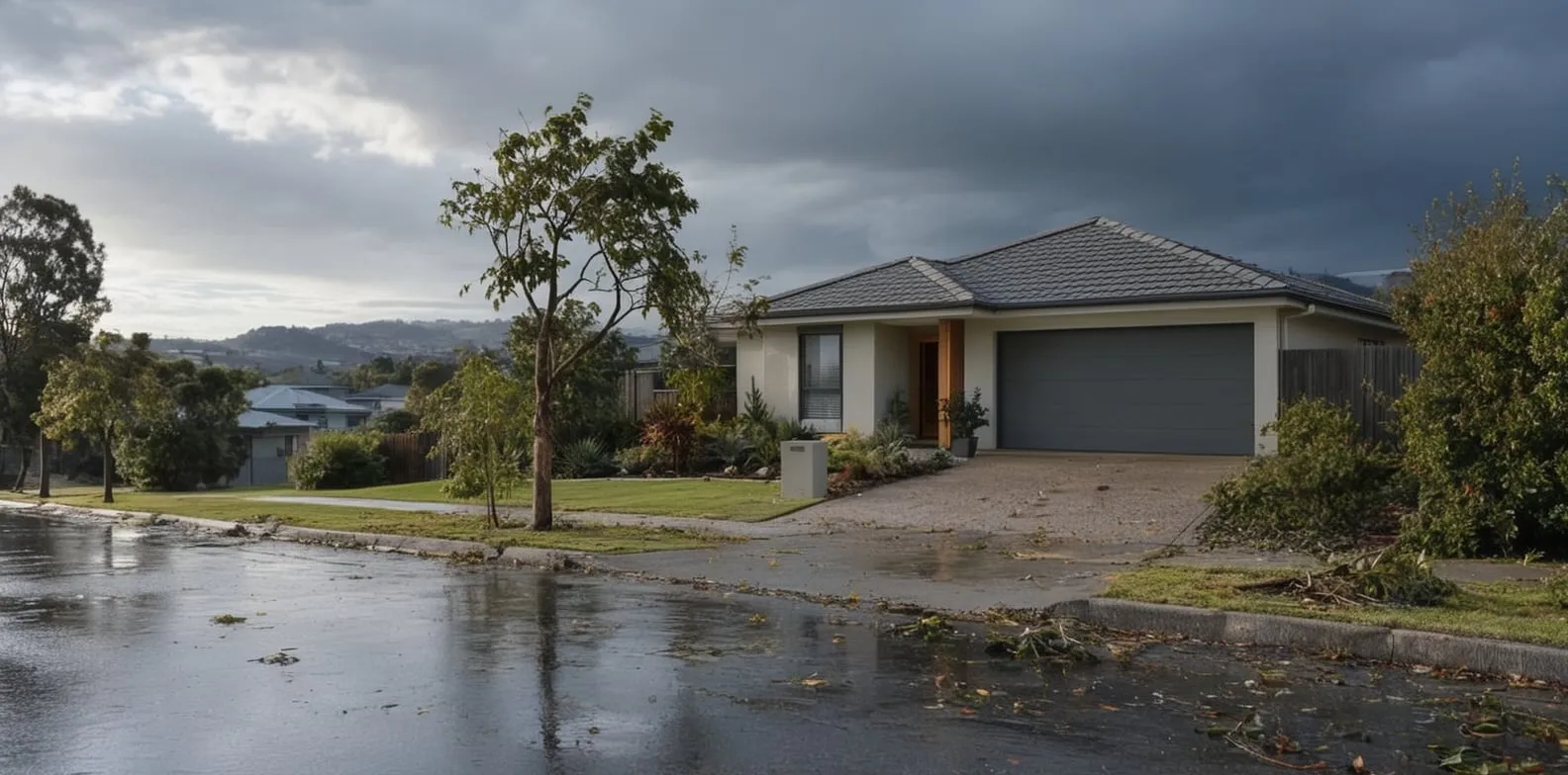 Australian suburban home after heavy rain and stormy weather.
