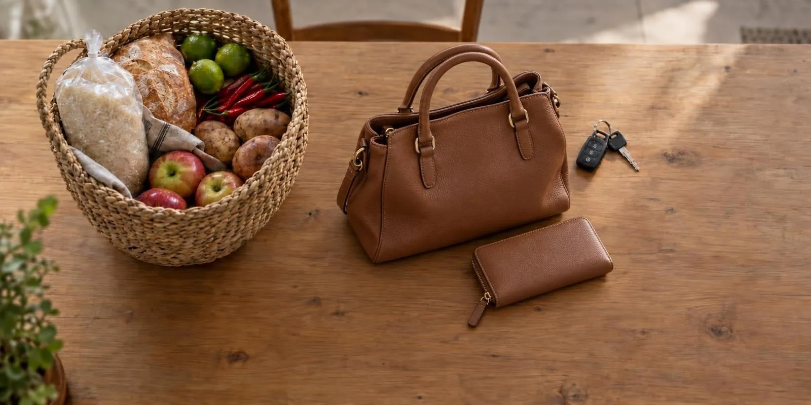 A basket of groceries, a brown handbag, wallet and keys sit on a wooden table.