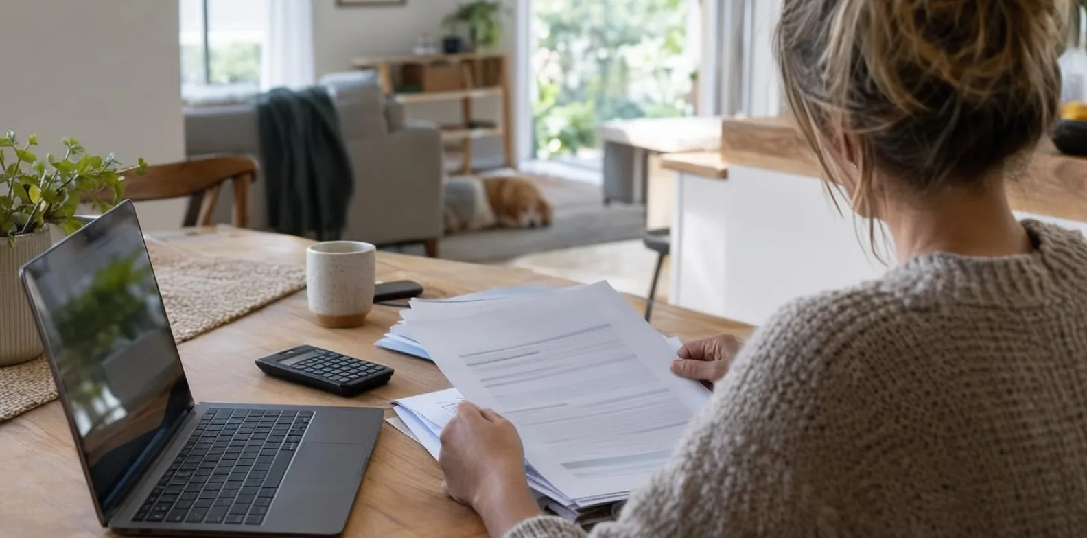 Homeowner reviewing home insurance paperwork at a kitchen table.