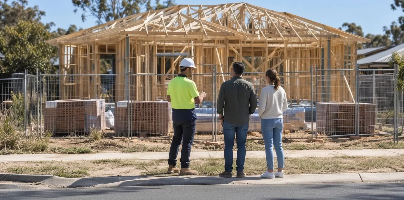 A builder talks to a couple standing on the street as a timber-framed house is built behind a temporary fence.