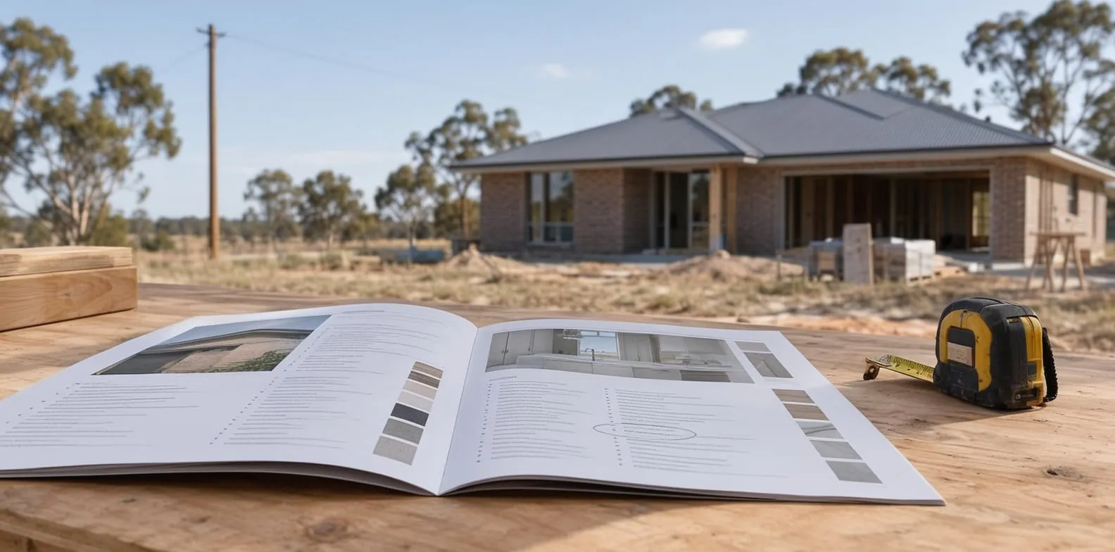 Open builder brochures with a circled line and a tape measure on a plywood table, a brick veneer house under construction blurred in the background.