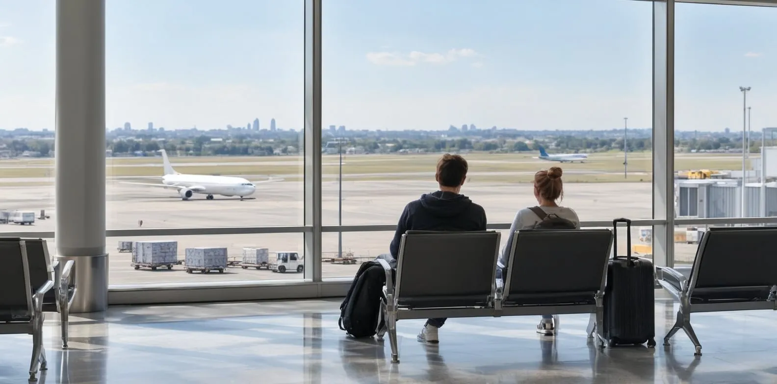 Two travellers sit by airport windows, watching a passenger plane on the tarmac.