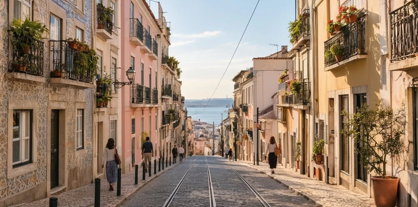 A steep cobbled street lined with pastel buildings and balconies leads down to the sea.