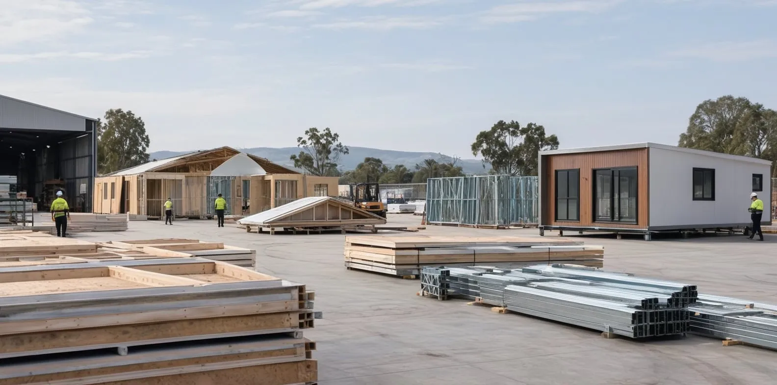 Prefab wall panels and modular sections are laid out at an Australian construction site with workers nearby.