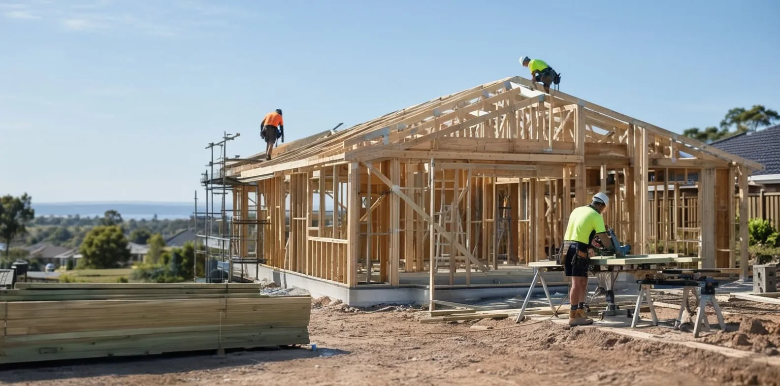 Australian home under construction with timber framing and tradies working on site.