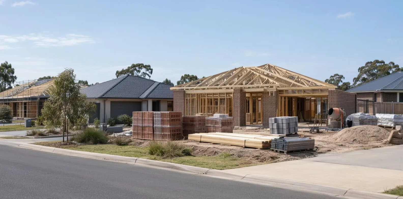 Australian home construction site with prominent building materials and nearby homes