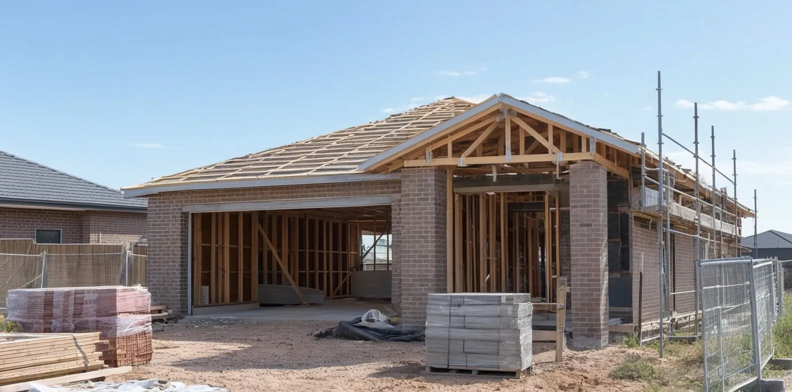 An unfinished brick house with exposed framing, roof trusses and scaffolding at a suburban construction site.