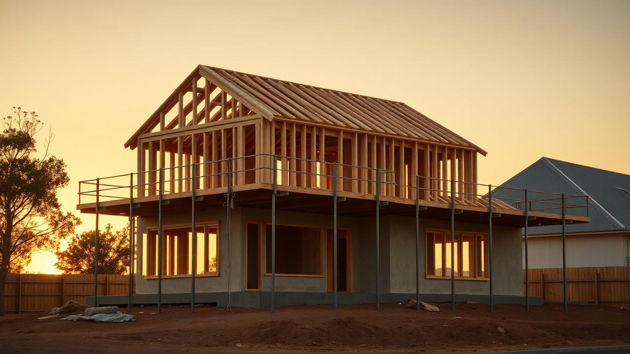 Detached home under construction in Australia at sunset