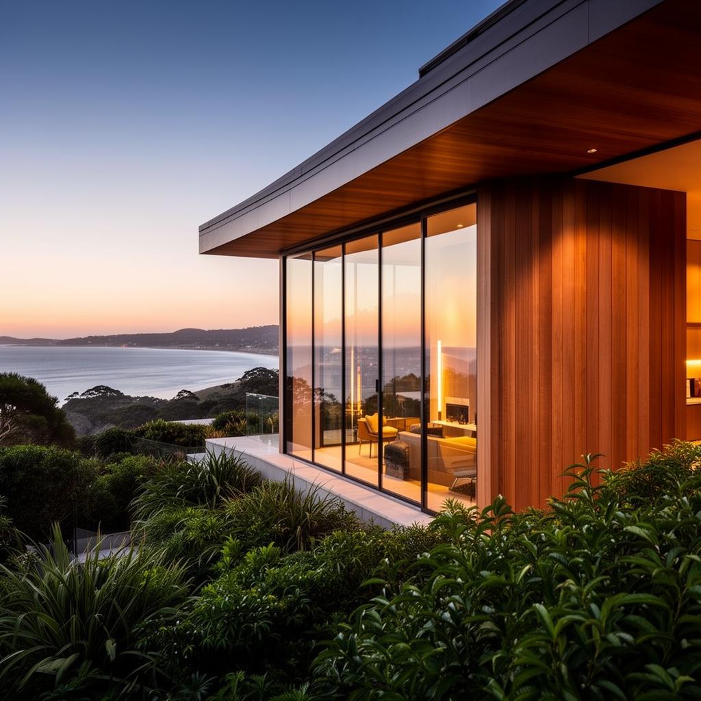 Modern Australian home with large glass panels and wood accents