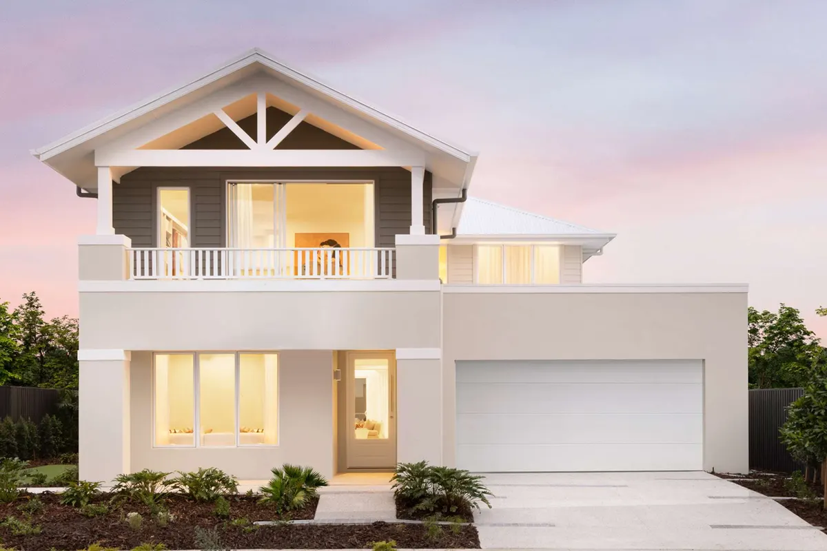 Rendered double-storey facade with timber-look entry