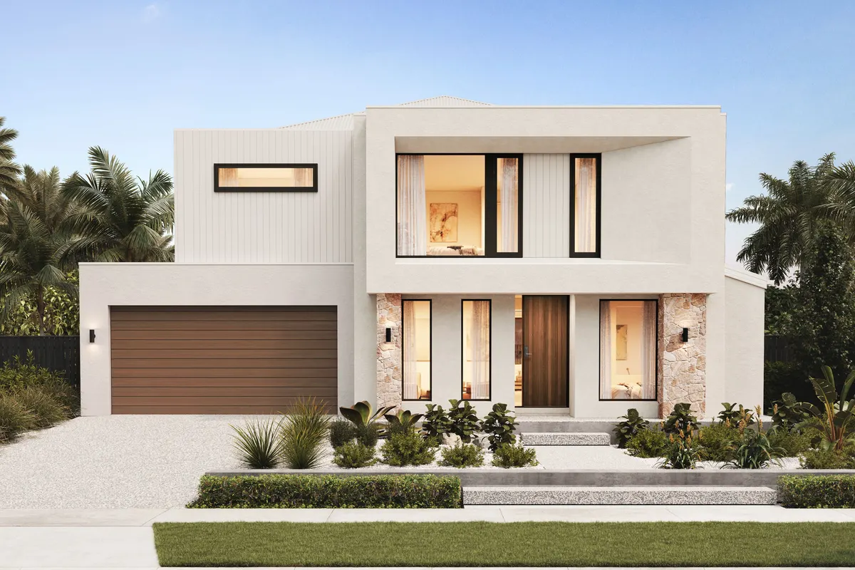 Wide contemporary double-storey home at dusk